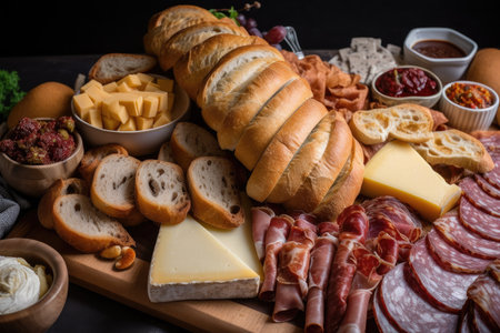 platter of freshly baked rolls, cheese, and charcuterie for a party appetizer, created with generative aiの素材