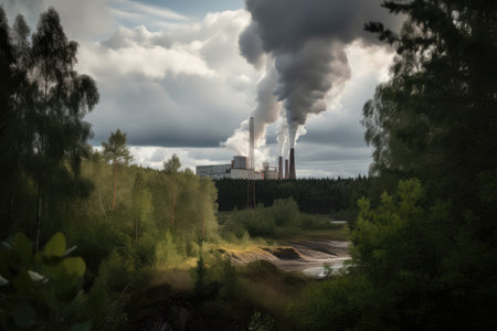 bioenergy power plant, with smoke billowing from the stacks, created with generative aiの素材