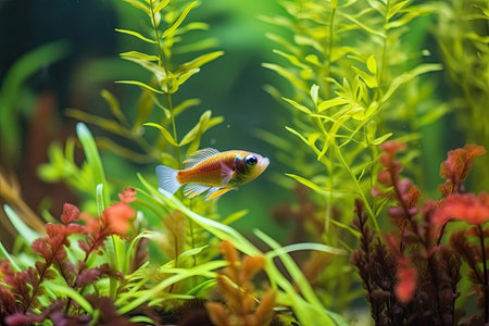 cute freshwater fish swimming among colorful underwater plants, created with generative aiの素材