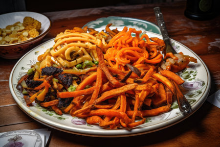 dinner plate with variety of fries, from shoestring to curly and sweet potato, created with generative aiの素材