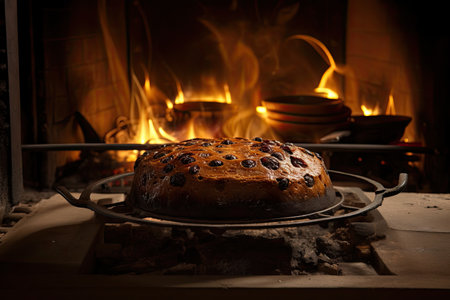 fruitcake being baked in a traditional oven, with flames and smoke visible, created with generative aiの素材