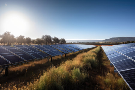 solar farm, with rows of panels and installations towering over the landscape, created with generative aiの素材
