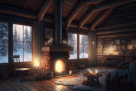 cozy chalet with fireplace and warm lighting, perfect setting for winter getaway, created with generative aiの素材