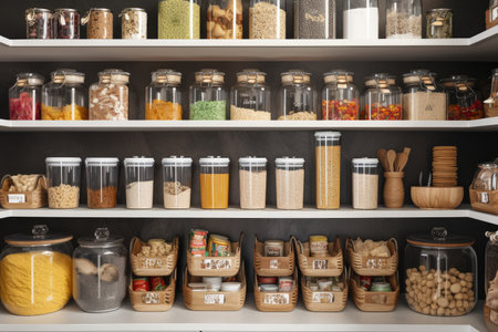 a well-organized pantry with a variety of snacks, spices, and other ingredients for quick meals, created with generative aiの素材