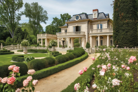 french country house exterior with rose garden, manicured lawns, and balustrade, created with generative aiの素材