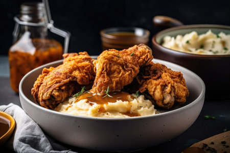 bowl of mashed potatoes and gravy with fried chicken on the side, created with generative aiの素材