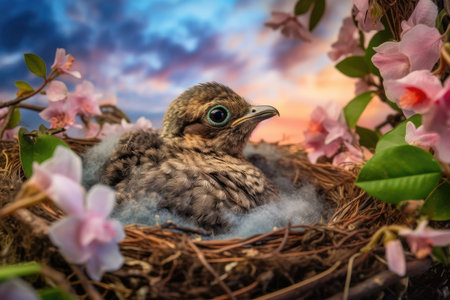spatially arresting image of newborn bird in its nest, with blooming flowers and vibrant sky, created with generative aiの素材