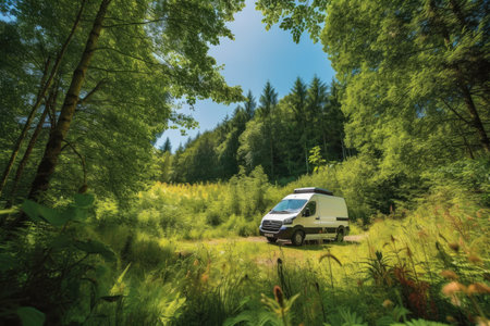 van, surrounded by lush greenery of forest, with clear blue sky in the background, created with generative aiの素材