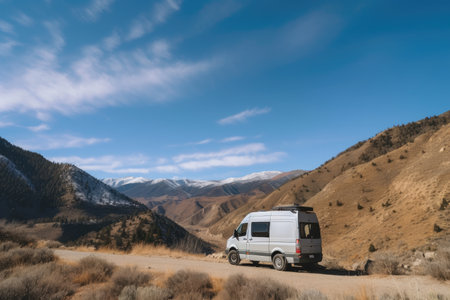 van life roadtrip through the mountains, with clear blue skies and pristine landscapes, created with generative aiの素材