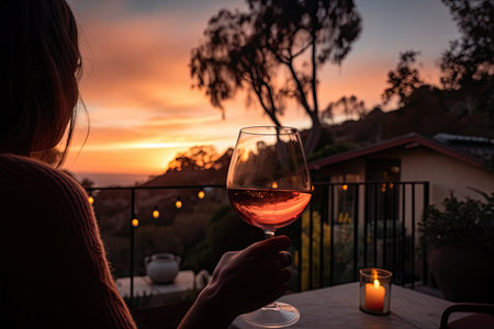 person, enjoying a glass of wine and sunset view in backyard oasis, created with generative aiの素材