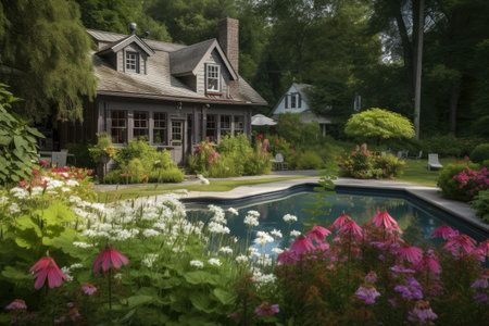cottage surrounded by blooming flowers and greenery, with a view of the backyard pool, created with generative aiの素材