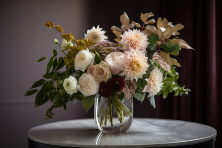 elegant vase filled with asymmetrical blooms and other accents, created with generative aiの素材