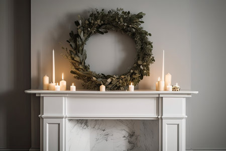 a minimalist fireplace with a simple wreath and candlelight for the holiday season, created with generative aiの素材
