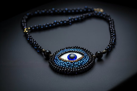 evil eye necklace, with blue and black beadwork, worn against skin, created with generative aiの素材