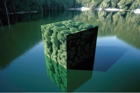 optical illusion of a floating cube, with the surrounding environment visible, created with generative aiの素材