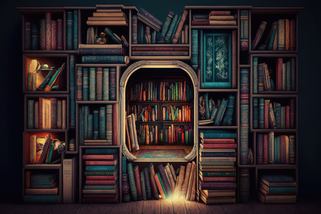 bookshelves lined with books, each one having its own unique cover design, created with generative aiの素材