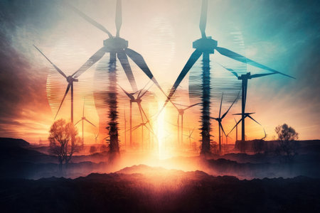 energy industry double exposure of sunrise over wind farm, with turbines spinning, created with generative aiの素材