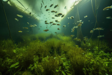 a hidden freshwater ecosystem, with underwater vegetation and fish swimming in schools, created with generative aiの素材