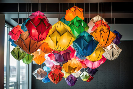 creative and colorful origami lantern hanging from the ceiling, created with generative aiの素材