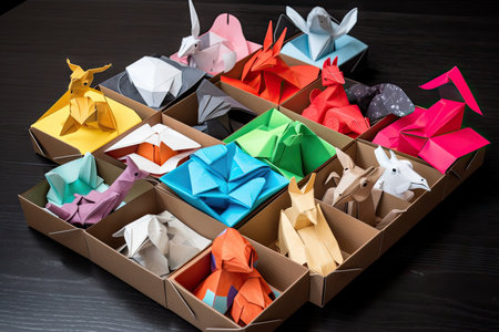 box of origami creatures and animals, each unique in its design, created with generative aiの素材