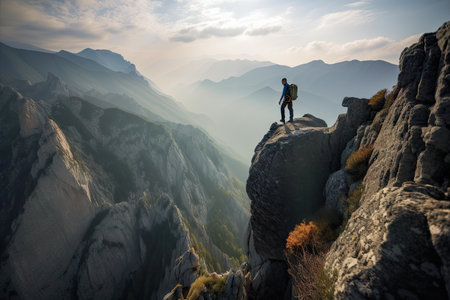 outdoorsman scaling the side of a towering mountain, with breathtaking view in the background, created with generative aiの素材