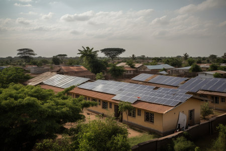 solar panels on a school roof, providing electricity and learning opportunities for students, created with generative aiの素材