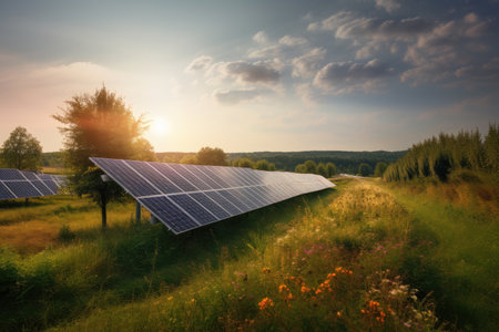 group of solar panels and installations in a field, surrounded by rolling landscape, created with generative aiの素材