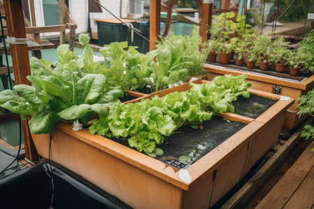 aquaponics system with grow beds filled with lettuce, herbs and other leafy greens, created with generative aiの素材