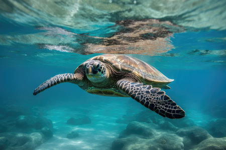 sea turtle swimming through clear blue waters, created with generative aiの素材