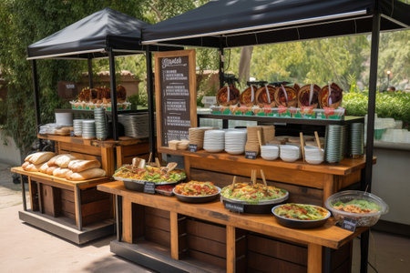 food stand with platter of made-to-order sandwiches, wraps, and tacos, created with generative aiの素材