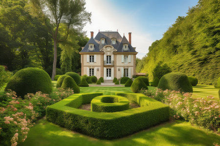 majestic french country house with manicured grounds and vegetable garden, created with generative aiの素材