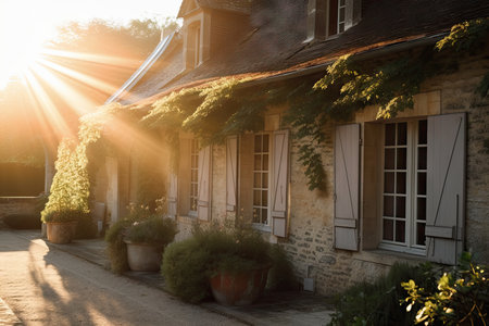 sunlight streaming into french country house, the exterior in warm light, created with generative aiの素材