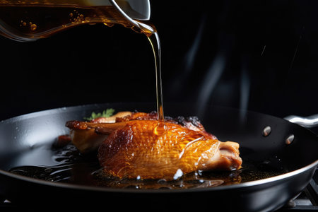 frying duck in large pan, frying oil sizzling and spattering, created with generative aiの素材