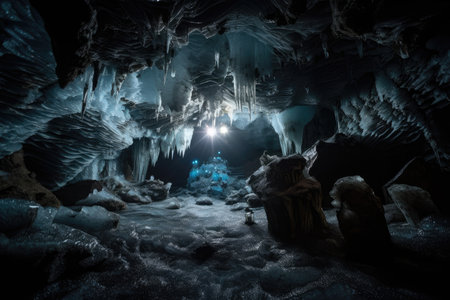 frozen cavern, with view of the stars and planets visible through its ceiling, created with generative aiの素材