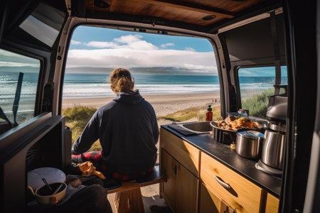 person, making breakfast in van, with view of beach in the background, created with generative aiの素材