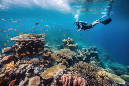 diver swimming through clear waters, surrounded by colorful fish and coral, created with generative aiの素材