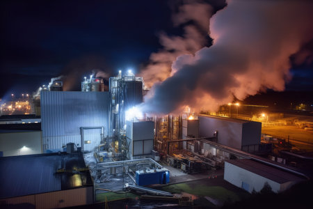 aluminium production facility, with smoke and flames billowing from smokestacks, created with generative aiの素材