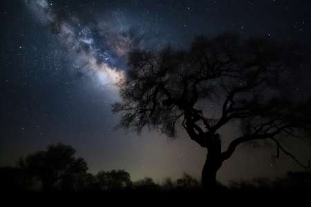 starry night sky, with the silhouette of a tree and crescent moon visible, created with generative aiの素材
