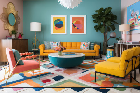 colorful room with bold geometric shapes and pops of bright color, created with generative aiの素材