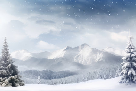 snowy christmas background with majestic mountain range in the distance, created with generative aiの素材