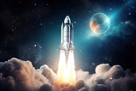 rocket launch from the surface of a lunar or martian moon, with a desolate and lifeless landscape in the background, created with generative aiの素材