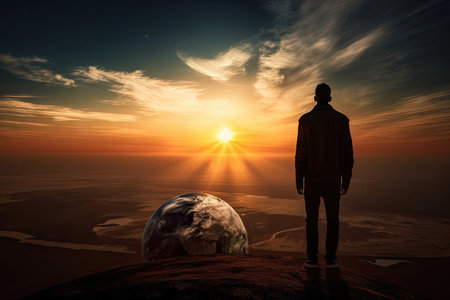 person, looking out over sunrise, with the world in their view, created with generative aiの素材
