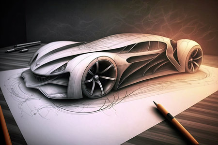 detailed pencil drawing of futuristic car with sleek lines and advanced technologies, created with generative aiの素材