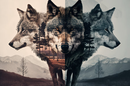 double exposure of wolf, changing from beast to beast, created with generative aiの素材