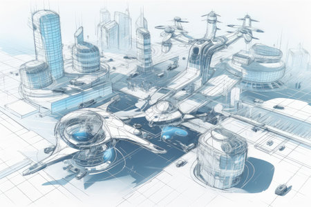 architectural blueprint of futuristic city with flying cars and hoverbikes, created with generative aiの素材