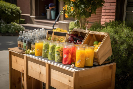 refreshing lemonade stand with fruit, herbs, and spices displayed for customers, created with generative aiの素材
