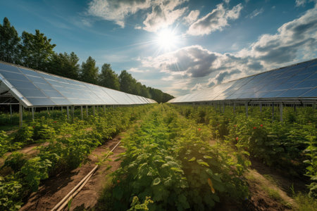 solar panel farm, harvesting the suns energy to power bioenergy production, created with generative aiの素材