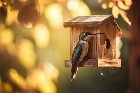 hummingbird feeding from birdhouse on sunny day, created with generative aiの素材