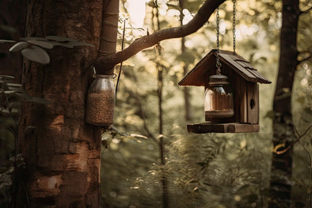 birdhouse and feeder hanging from tree branch in the forest, created with generative aiの素材