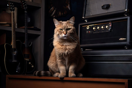 rock star cat sitting on top of amp stack, with guitar in the background, created with generative aiの素材